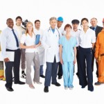 Group of people from their respective professions on white